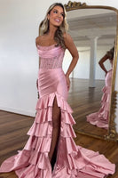 Load image into Gallery viewer, Sparkly Blush Corset Strapless Tiered Long Formal Dress with Slit