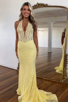 Load image into Gallery viewer, Floral Yellow Corset Mermaid Halter Long Formal Dress with Lace