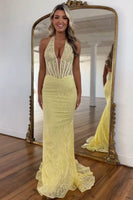 Load image into Gallery viewer, Floral Yellow Corset Mermaid Halter Long Formal Dress with Lace