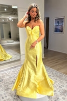 Load image into Gallery viewer, Yellow Mermaid Sweetheart Satin Long Formal Dress with Slit