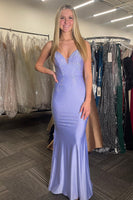 Load image into Gallery viewer, Sparkly Lilac Beaded Spaghetti Straps Long Satin Formal Dress