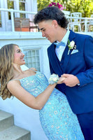 Load image into Gallery viewer, Sparkly Blue Floral Spaghetti Straps Long Corset Formal Dress