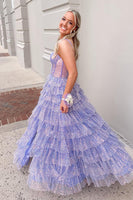 Load image into Gallery viewer, Sparkly Lilac A Line Tiered Long Corset Forma Dress with Slit