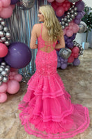 Load image into Gallery viewer, Floral Fuchsia Spaghetti Straps Tiered Long Corset Formal Dress with Slit