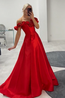 Load image into Gallery viewer, Red Corset A Line Off The Shoulder Long Formal Dress with Flowers