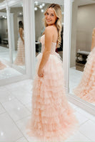 Load image into Gallery viewer, Sparkly Pink Corset A Line Tiered Long Tulle Formal Dress