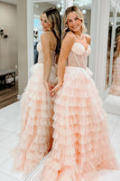 Load image into Gallery viewer, Sparkly Pink Corset A Line Tiered Long Tulle Formal Dress