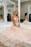 Load image into Gallery viewer, Sparkly Pink Corset A Line Tiered Long Tulle Formal Dress