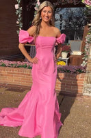 Load image into Gallery viewer, Pink Mermaid Off The Shoulder Long Satin Formal Dress