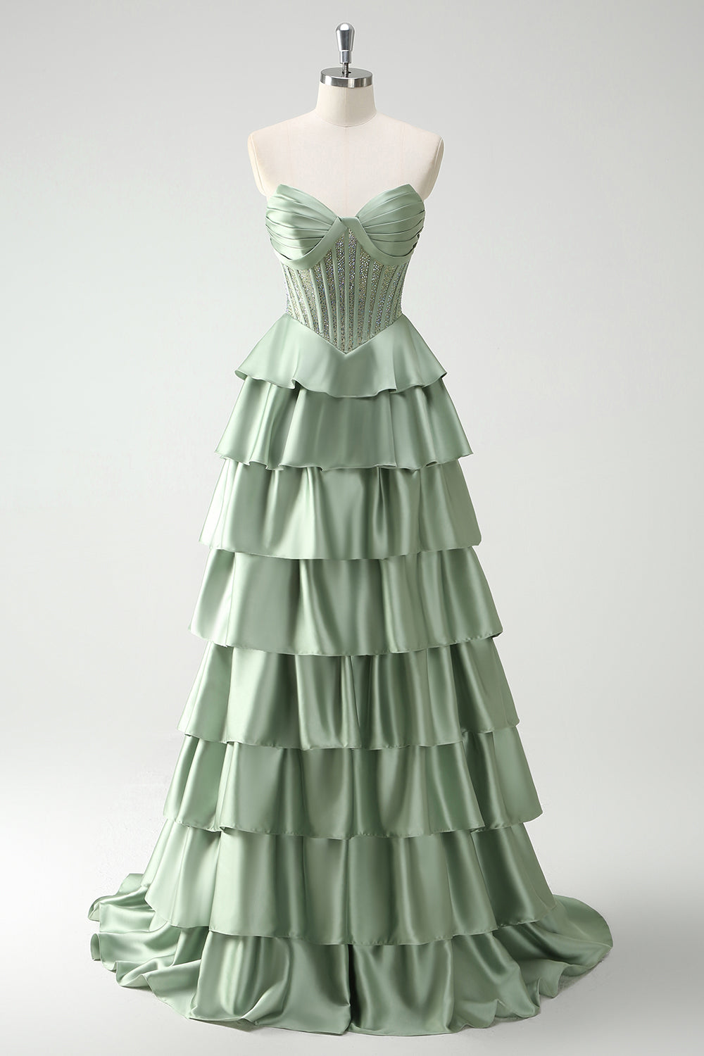 Green Sweetheart Princess Satin Tiered Long Formal Dress with Slit