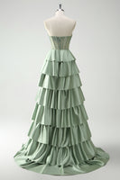 Load image into Gallery viewer, Green Sweetheart Princess Satin Tiered Long Formal Dress with Slit