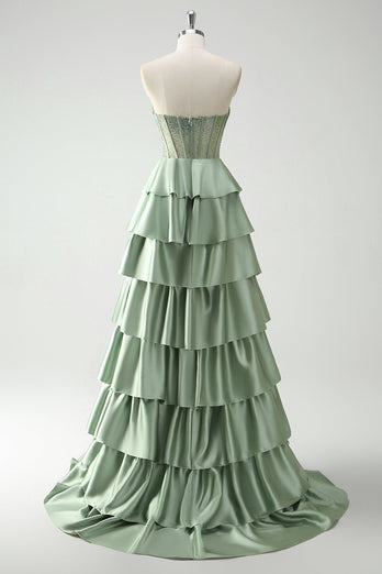 Green Sweetheart Princess Satin Tiered Long Formal Dress with Slit