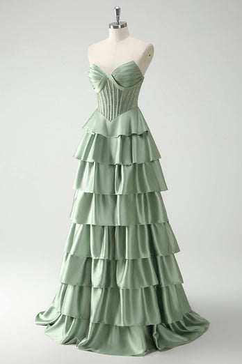 Green Sweetheart Princess Satin Tiered Long Formal Dress with Slit