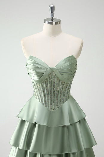 Green Sweetheart Princess Satin Tiered Long Formal Dress with Slit