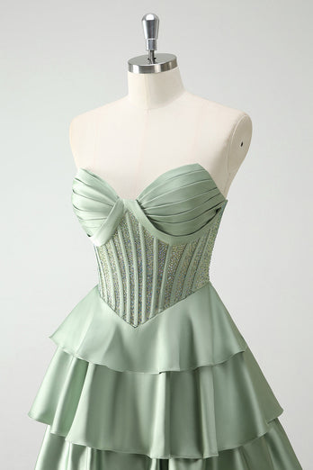 Green Sweetheart Princess Satin Tiered Long Formal Dress with Slit