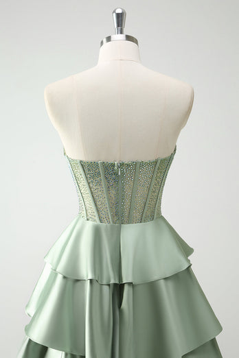 Green Sweetheart Princess Satin Tiered Long Formal Dress with Slit