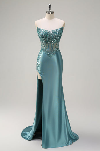 Sparkly Grey Green Strapless Satin Long Corset Formal Dress with Slit