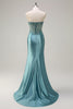 Load image into Gallery viewer, Sparkly Grey Green Strapless Satin Long Corset Formal Dress with Slit