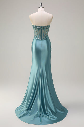Sparkly Grey Green Strapless Satin Long Corset Formal Dress with Slit