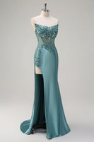 Load image into Gallery viewer, Sparkly Grey Green Strapless Satin Long Corset Formal Dress with Slit