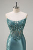 Load image into Gallery viewer, Sparkly Grey Green Strapless Satin Long Corset Formal Dress with Slit