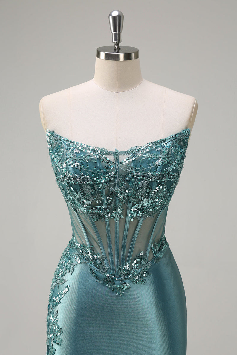 Load image into Gallery viewer, Sparkly Grey Green Strapless Satin Long Corset Formal Dress with Slit