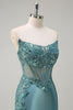 Load image into Gallery viewer, Sparkly Grey Green Strapless Satin Long Corset Formal Dress with Slit