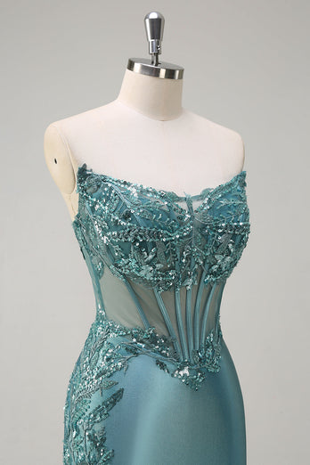 Sparkly Grey Green Strapless Satin Long Corset Formal Dress with Slit