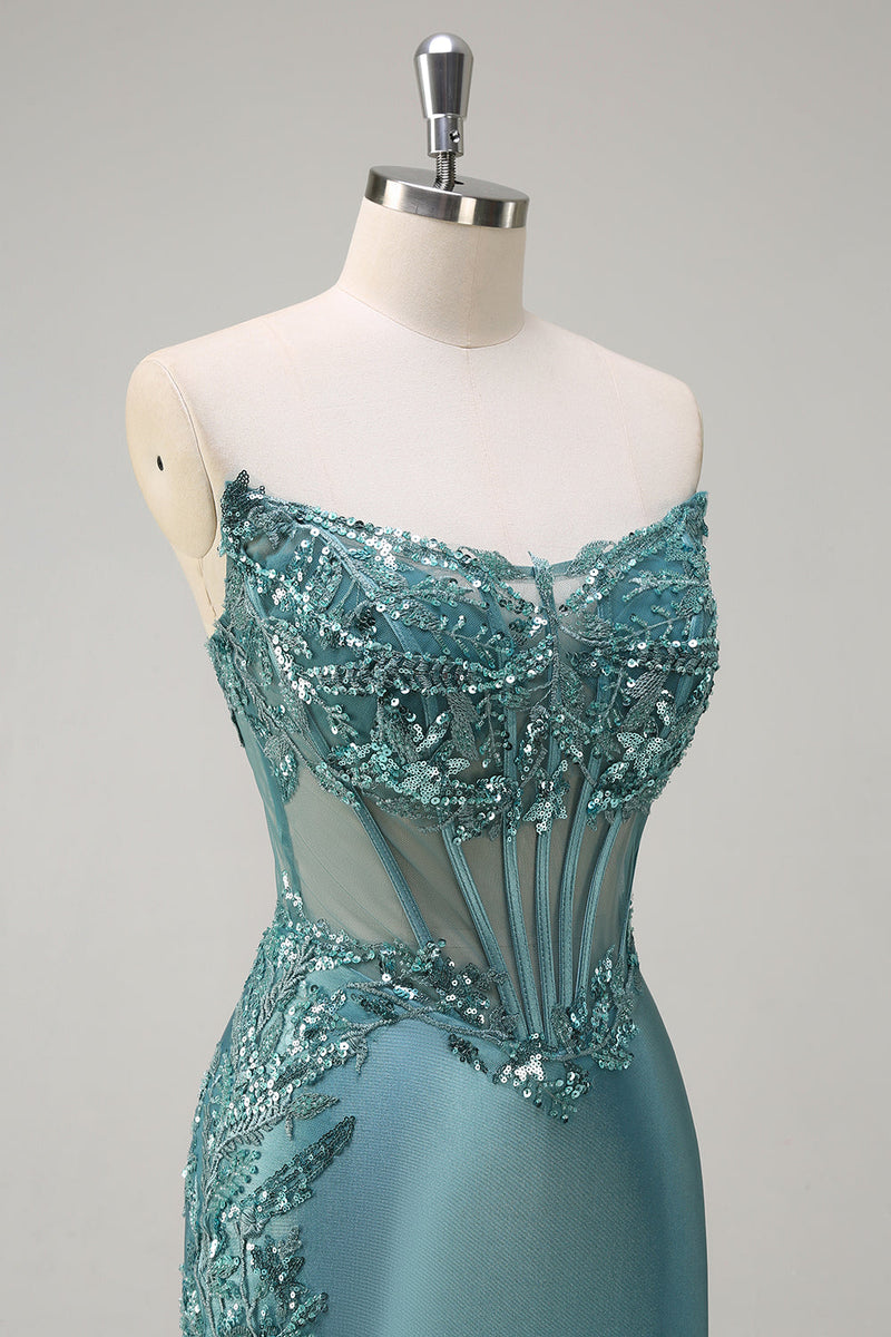 Load image into Gallery viewer, Sparkly Grey Green Strapless Satin Long Corset Formal Dress with Slit
