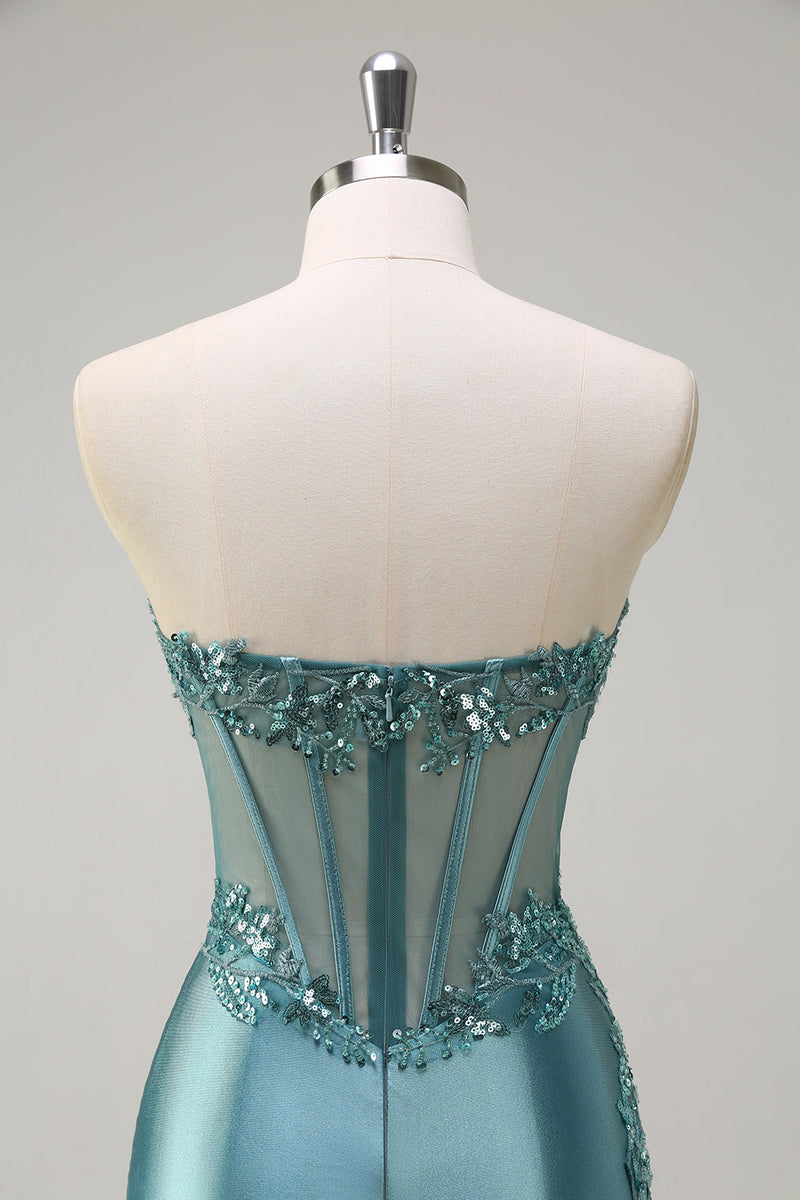 Load image into Gallery viewer, Sparkly Grey Green Strapless Satin Long Corset Formal Dress with Slit