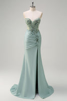 Load image into Gallery viewer, Sparkly Grey Green Satin Mermaid Corset Long Formal Dress with Slit