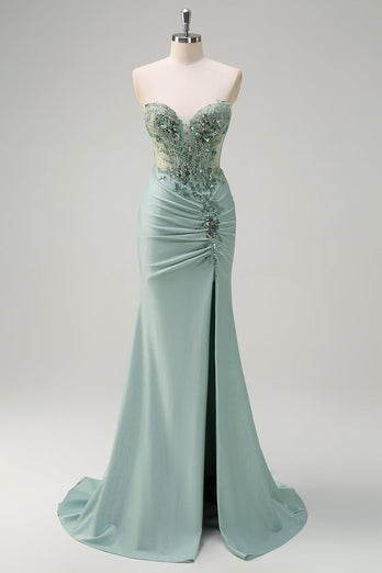 Sparkly Grey Green Satin Mermaid Corset Long Formal Dress with Slit