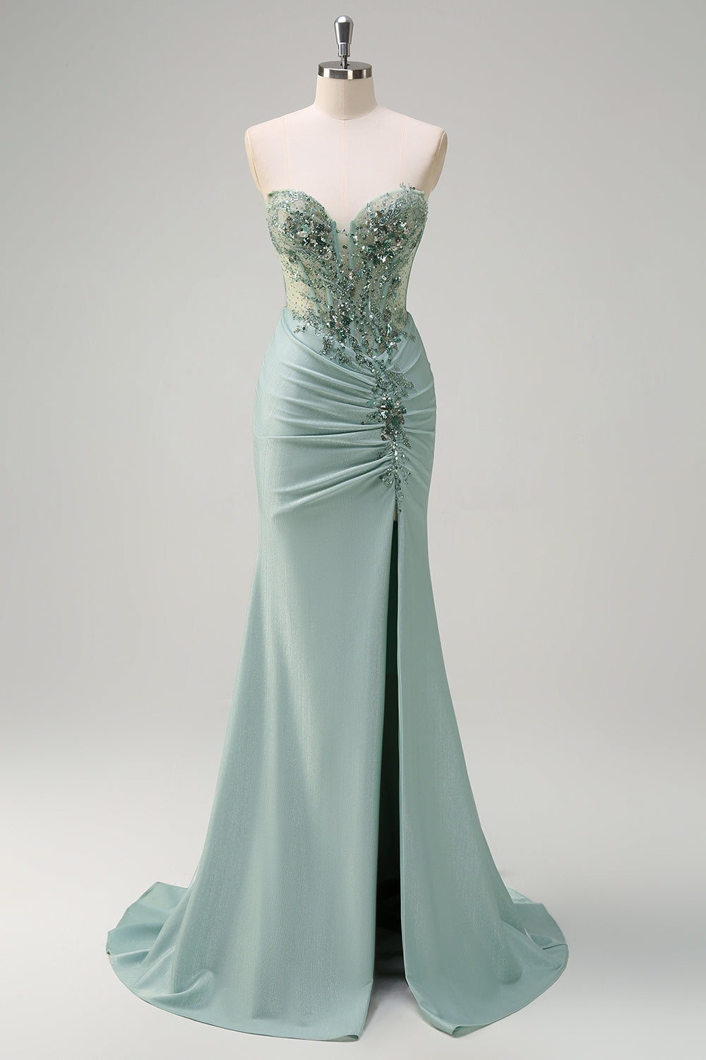 Sparkly Grey Green Satin Mermaid Corset Long Formal Dress with Slit