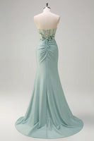 Load image into Gallery viewer, Sparkly Grey Green Satin Mermaid Corset Long Formal Dress with Slit