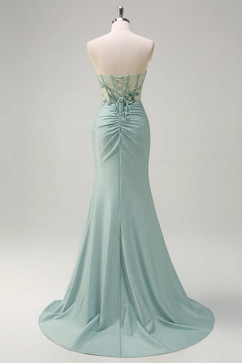 Sparkly Grey Green Satin Mermaid Corset Long Formal Dress with Slit