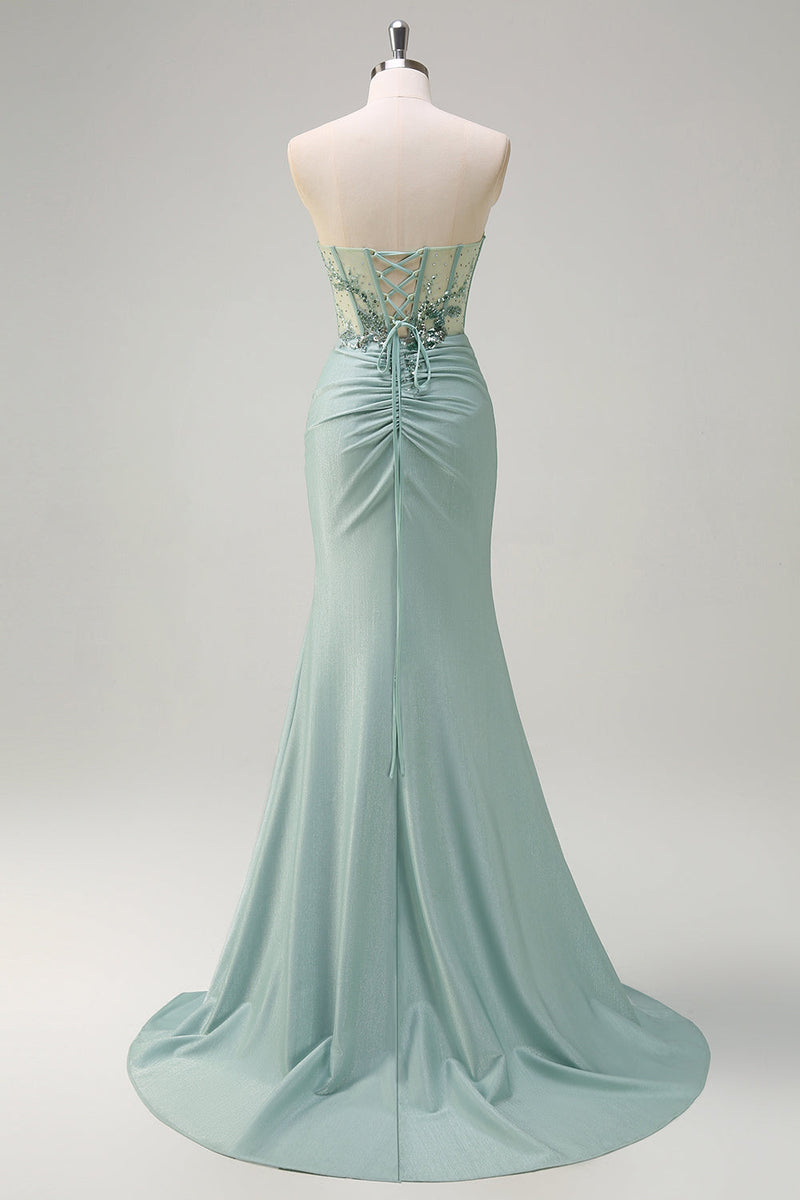 Load image into Gallery viewer, Sparkly Grey Green Satin Mermaid Corset Long Formal Dress with Slit
