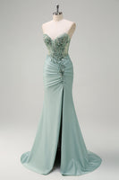 Load image into Gallery viewer, Sparkly Grey Green Satin Mermaid Corset Long Formal Dress with Slit