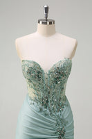 Load image into Gallery viewer, Sparkly Grey Green Satin Mermaid Corset Long Formal Dress with Slit
