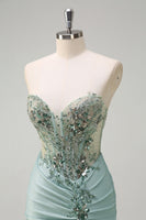 Load image into Gallery viewer, Sparkly Grey Green Satin Mermaid Corset Long Formal Dress with Slit