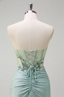Load image into Gallery viewer, Sparkly Grey Green Satin Mermaid Corset Long Formal Dress with Slit