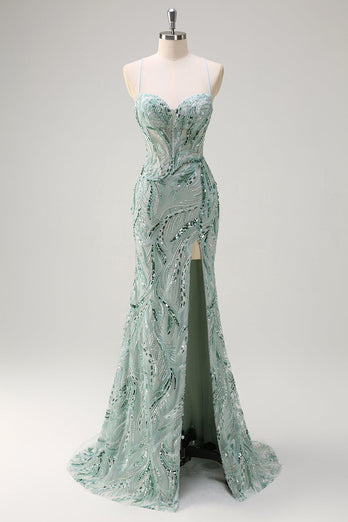 Zapaka Women Sparkly Green Long Formal Dress with Slit Mermaid Spaghetti Straps Beaded Evening Dress