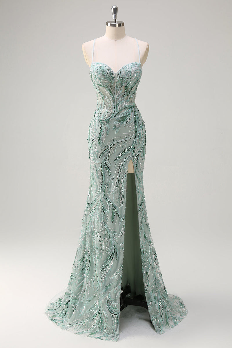 Load image into Gallery viewer, Zapaka Women Sparkly Green Long Formal Dress with Slit Mermaid Spaghetti Straps Beaded Evening Dress