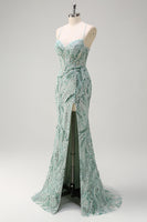 Load image into Gallery viewer, Sparkly Sage Beaded Mermaid Long Formal Dress with Slit