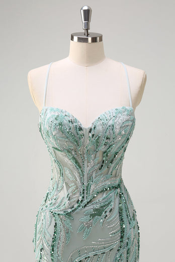 Sparkly Sage Beaded Mermaid Long Formal Dress with Slit