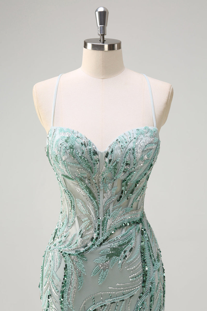 Load image into Gallery viewer, Sparkly Sage Beaded Mermaid Long Formal Dress with Slit