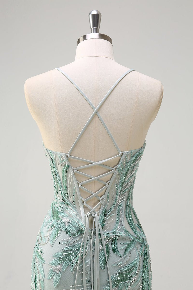 Load image into Gallery viewer, Sparkly Sage Beaded Mermaid Long Formal Dress with Slit