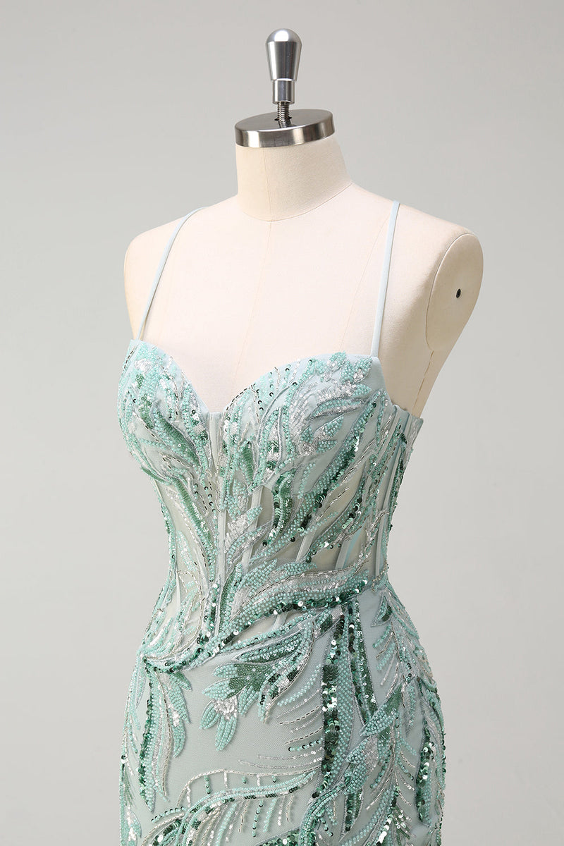 Load image into Gallery viewer, Sparkly Sage Beaded Mermaid Long Formal Dress with Slit