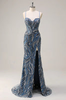 Load image into Gallery viewer, Sparkly Sage Beaded Mermaid Long Formal Dress with Slit