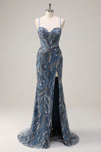Sparkly Sage Beaded Mermaid Long Formal Dress with Slit