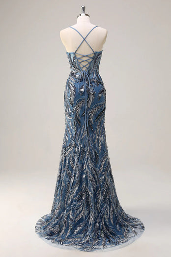 Sparkly Sage Beaded Mermaid Long Formal Dress with Slit
